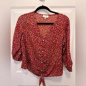 ACOA Floral Woven 3/4 Sleeve Tie Front Top in Rust Floral